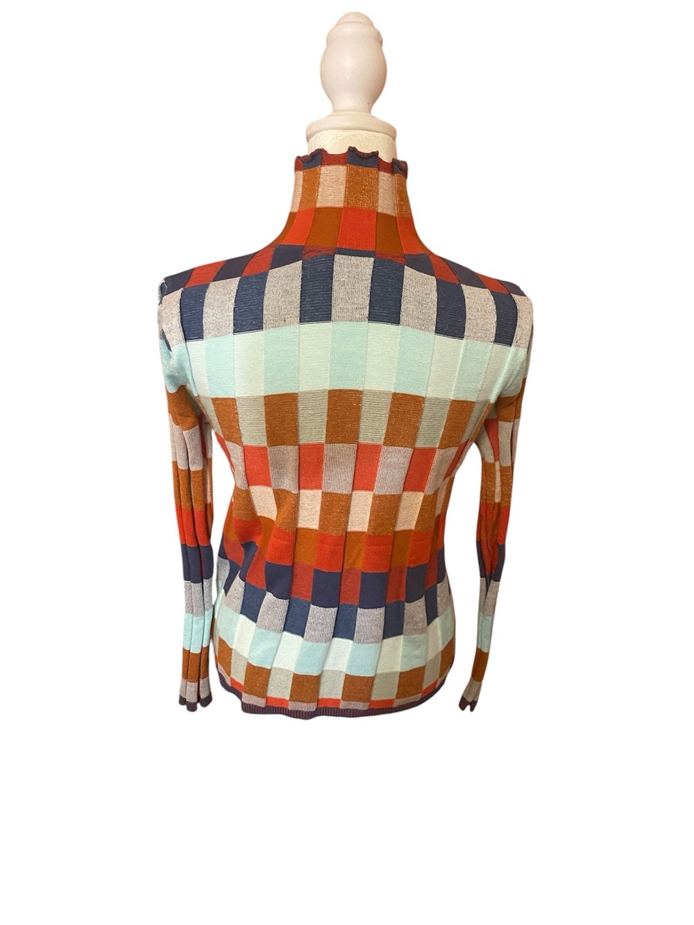 Colorful Plaid Knit Sweater | Orange Blue Checkered Pullover | - Picture 3 of 3